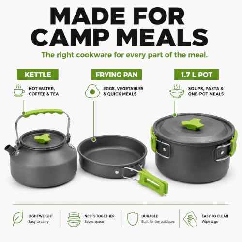 Camping Cookware 17 pcs Mess Kit with 1.1L Kettle for Backpacking Gear (17 Count)