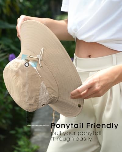 Womens Sun Hat with Ponytail Hole Beach Hiking Summer Wide Brim UPF 50+ Outdoor Protection Foldable Bucket Hat Khaki