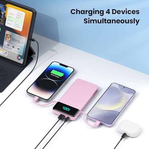 Portable Charger for iPhone with Built in Cables and Wall Plug