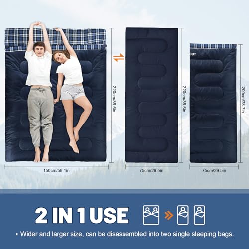 Double Sleeping Bag for Adults Machine Washable 2 Person Camping Sleeping Bag Queen Size Waterproof with Compression Sack for Cold Weather 3 (2 Count)