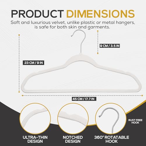 Premium Velvet Hangers 50 Pack Ultra Thin Non Slip Adult Felt Space Saving Slim Suit Hanger for Closet Heavy Duty Coat Pants Jackets Dress Hangers 360° Swivel Hook Hold Upto 10 lbs White (50 Count)