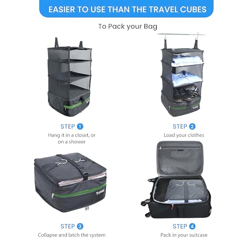 Stow-N-Go Hanging Travel Shelves, Packing Organizer for Luggage. Carry on Closet for Suitcase. Expandable Packing Cube. Travel Essentials. (Dark Gray - L, L = (L) 11.8" x (W) 11.8")