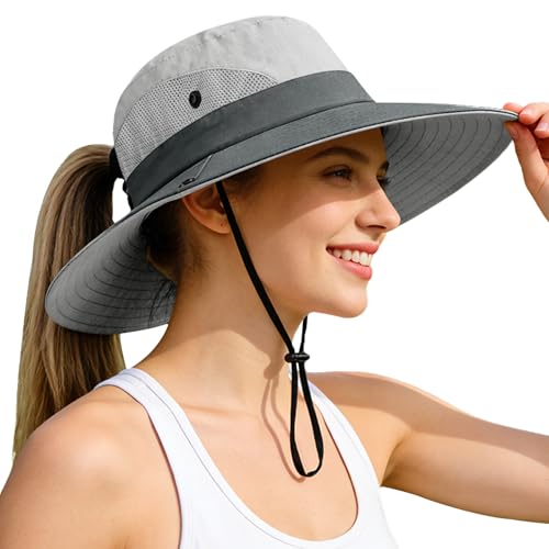 Ponytail Sun Bucket Hats for Women UV Protection Foldable Wide Brim