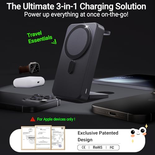 5-in-1 Portable Charger,10000mAh Foldable Power Bank Fast Charging,MagSafe Charger Battery Pack Magnetic,Travel Wireless Charging Station for iPhone 17/16/15/14/13/12,iWatch,Air pods, Black