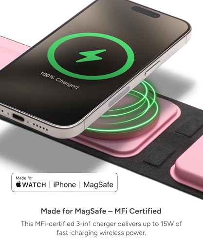 3-in-1 Travel Charger with MagSafe - Portable Wireless Charging Hub, Compatible w/iPhone 17/16/15/14/13/12 Series, Apple Watch Series 11 to 1 & Ultra, AirPods Pro/3rd Gen, Cherry Blossom Pink