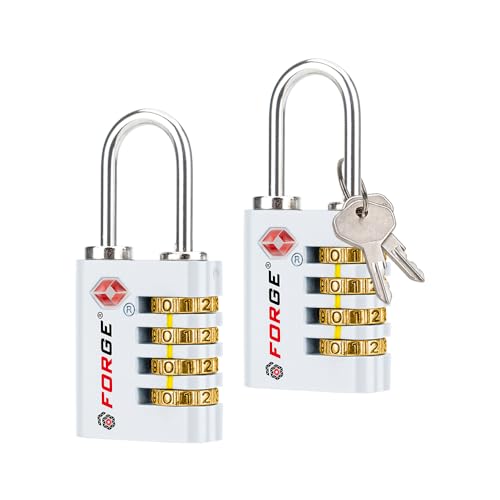 Dual-Opening: Key or Combination Access Lock, TSA Approved Locks for Luggage, Pelican case, Travel, Gym, School, Stainless Steel Shackle. (White, 2 Pk) (2 Count)