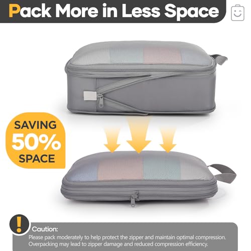 6/9/11 Set Compression Packing Cubes for Travel Essentials,Compressible Expandable Large Luggage Suitcase Organizer Bags for Clothing,Space Saver Bags with Over 1000 pcs of Mesh Holes(Gray) (6 Count)