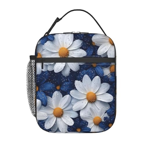 Elegant Daisy Insulated Lunch Box for Women Men White and Blue Flower Lunch Bag for Travel