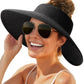 Womens Sun Hat with Ponytail Hole Wide Brim Beach Straw Visor Black