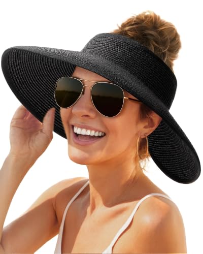 Womens Sun Hat with Ponytail Hole Wide Brim Beach Straw Visor Black