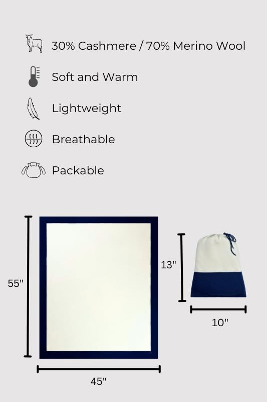 Cashmere Merino Travel Blanket & Pouch 55"x45" White & Navy