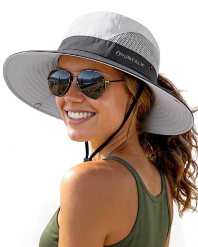 Womens Sun Hat with Ponytail Hole Beach Hiking Summer Wide Brim UPF 50+ Outdoor Protection Foldable Bucket Hat Grey