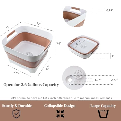 2.6 Gal(10L) Collapsible Wash Basin for Baby Bottles, Space-Saving Collapsible Dish Basin with Drain Plug for Bottle Washing, Collapsible Bucket for RV Kitchen Essentials (Brown)