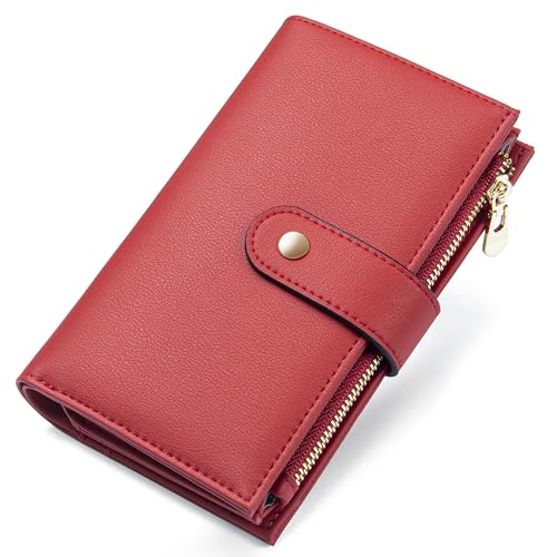 Womens Wallet RFID Blocking Leather Trifold Clutch Wallet Credit Card Holder Ladies Travel Wallet Purse with Passport