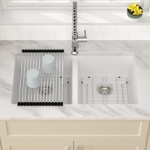 33 Inch Double Bowl Undermount Kitchen Sink White Deep Double Basin Prep Sink 50