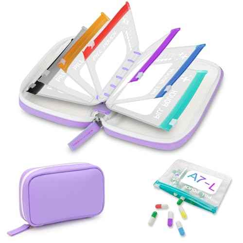 A7 Waterproof Pill Organizer with 7 PCS L Size Zippered Pill Pouches for A7 Binder (7 Count)