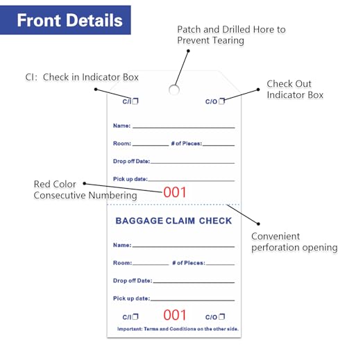 500 Baggage Claim Check Tags with Transfer Tape on Back (500 Count)