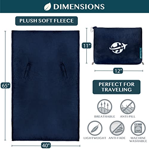 Compact 2-in-1 Travel Blanket Pillow for Airplane Flight, Navy Blue