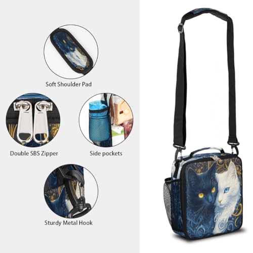 Blue White Cat Kids Lunch Box for Girls Boys Reusable Insulated Lunch Bag for Kids Toddler Thermal Cooler Spacious Lunchbox with Shoulder Strap Lunchbag for School Work Picnic (A05:Cat)