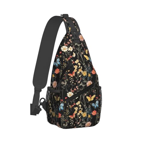 Sling Bag Wildflower Botanical Butterfly Flower Hiking Daypack Crossbody Shoulder Backpack Travel Chest Pack for Men Women
