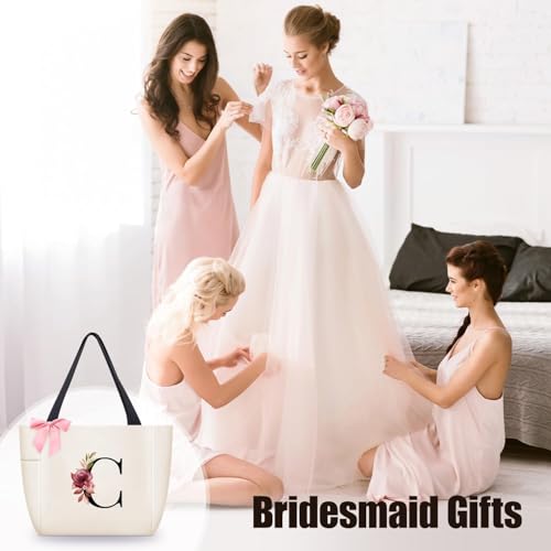 Tote Bag, A-Z Initial Monogrammed Waterproof Tote Bag, Bridesmaid Gifts for Women, Black and Pink (C, Beige)