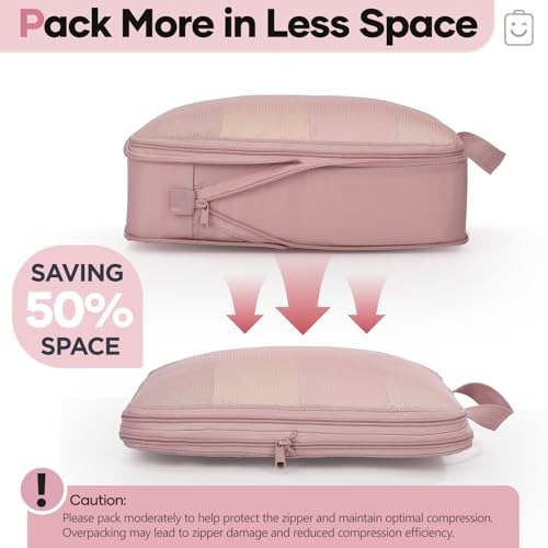 6/9/11 Set Compression Packing Cubes for Travel Essentials,Compressible Expandable Large Luggage Organizer Bags for Clothing,Space Saver Bags with Over 1000 pcs of Mesh Holes(Light Coral) (6 Count)