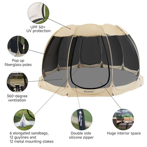 Screen House Room Camping Tent Outdoor Canopy Pop Up Sun Shade Shelter 10 Mesh Walls Not Waterproof Beige 15'x15' Patent Pending