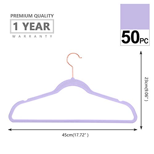 Velvet Hangers 50 Pack Non Slip Light Purple Rose Gold Hooks (50 Count)