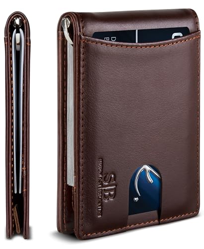 RFID Blocking Slim Bifold Genuine Leather Minimalist Front Pocket Wallets for Men with Money Clip Thin Gift