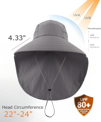 UPF 80+ Sun Hat for Men Women Wide Brim Sun Hat with Neck Flap UV Protection Safari Beach Bucket Fishing Hat Dark Grey