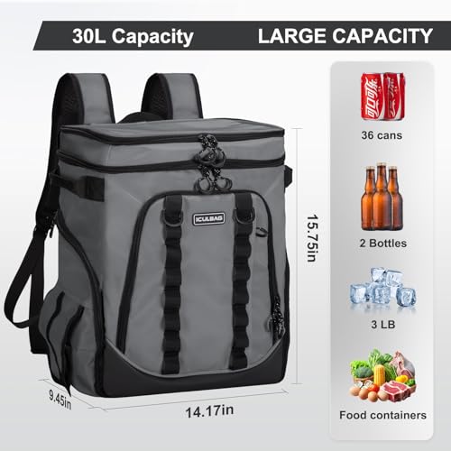 Cooler Bags Insulated Lunch Bags for Women Men 18hour 36cans Cooling for Camping Beach Picnic Travel Waterproof Backpack Cooles Insulated Leak Proof Gray 30L (36 Count)