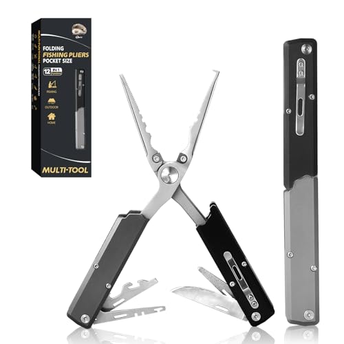 12-in-1 Folding Fishing Pliers, Compact Saltwater Fishing Tool with Braid Cutter, Hook Remover, Split Ring Opener, Stainless Steel Fishing Gear Gift for Men
