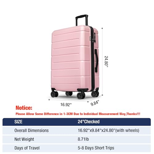 24 Inch Luggage TSA Approved Hardshell Suitcases with Spinner Wheels Durable PC+ABS Medium Checked Travel Luggage for Women Men Lt Purple