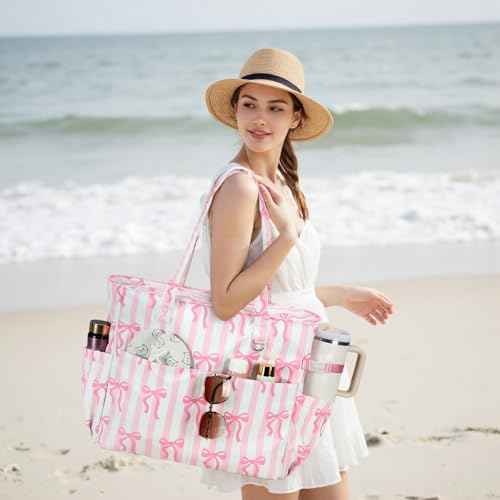 Waterproof Beach Tote Pool Bags for Women Ladies Extra Large Tote Bag Carryall Bag With Wet Compartment Fit 40oz Tumbler Holder Family Travel Bag for Cruise