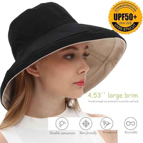 Womens Sun Hats Wide Brim Reversible Bucket Cotton Hat Packable Summer Travel Cap with Hat Clip