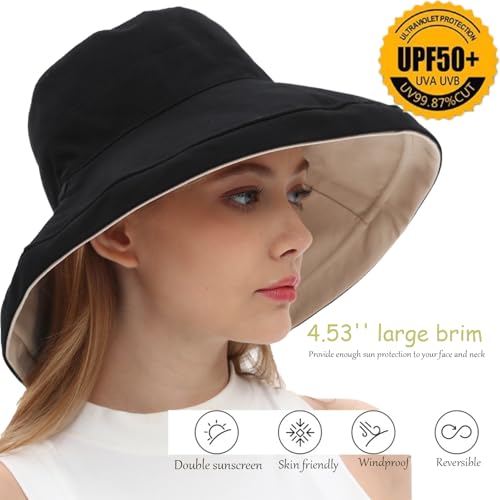 Womens Sun Hats Wide Brim Reversible Bucket Cotton Hat Packable Summer Travel Cap with Hat Clip