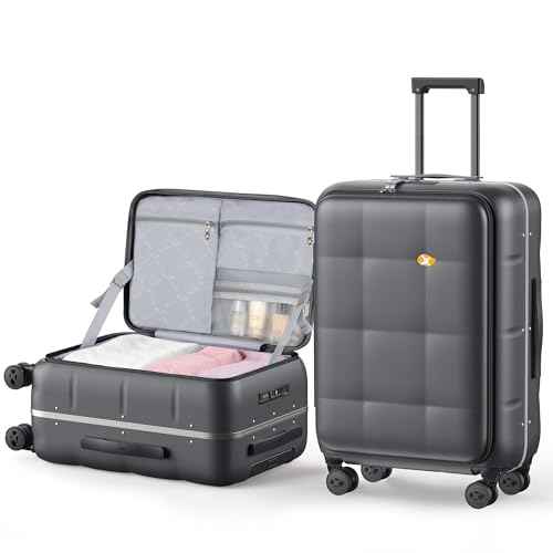 26 Inch Large Checked Luggage Hardside Suitcases Top Open Charcoal Grey