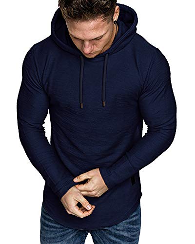 Mens Fashion Athletic Hoodies Sport Sweatshirt Solid Color Fleece Pullover Navy