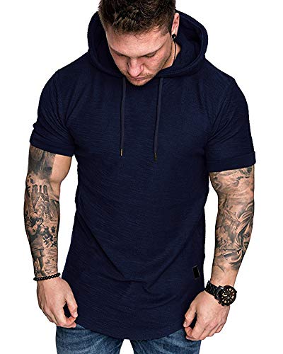 Mens Fashion Hoodies Sport Pullover Solid Color Shirt Workout Lightweight Tops Navy X