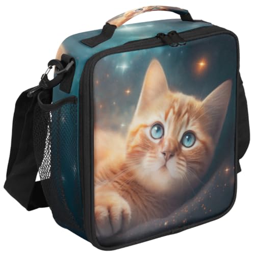 Galaxy Cute Cat Lunch Bag Box for Kids Boys Girls Space Cat Kitten Insulated Lunch Tote Bag with Adjustable Shoulder Strap Reusable Waterproof Thermal Cooler Bag for School Work Picnic Women Men (A04:Galaxy Cute Cat)
