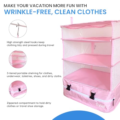 Stow-N-Go Hanging Travel Shelves, Packing Organizer for Luggage. Carry on Closet for Suitcase. Expandable Packing Cube. Travel Essentials. (Pink - XL, XL = (L) 17.7" x (W) 11.8")