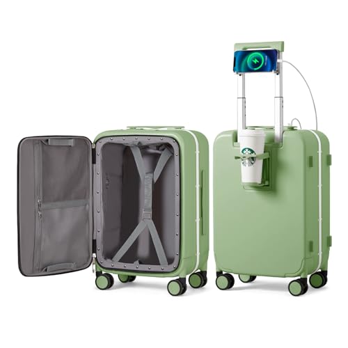 Carry On Luggage with Cup Phone Holder and Charger Hard Shell Suitcases with Spinner Wheels