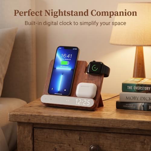 3-in-1 Walnut Wood Wireless Charging Station with Clock, 15W Fast Foldable Charger Stand, Charging Dock for iPhone 17/16/15/14/13/12, Apple Watch Ultra/10/9/8, AirPods, Nightstand Charger,Gift for Men