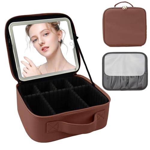 Travel Makeup Bag with LED Mirror and Light Travel Makeup Case Cosmetic Organizer Portable Cosmetic Brush Organizer Bag with Adjustable Dividers for Cosmetics Makeup Brushes Toiletry