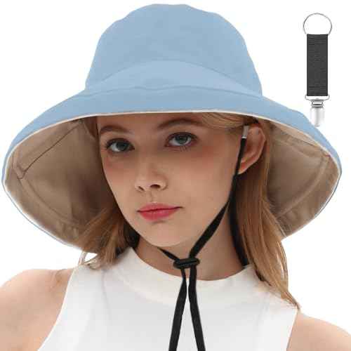 Womens Sun Hats Wide Brim Reversible Bucket Cotton Hat Packable Summer Travel Cap with Hat Clip