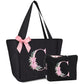 Tote Bag, A-Z Initial Monogrammed Waterproof Tote Bag, Bridesmaid Gifts for Women, Black and Pink (C, Black Set)