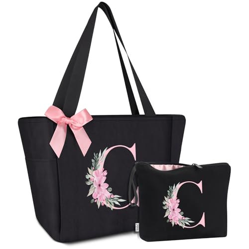 Tote Bag, A-Z Initial Monogrammed Waterproof Tote Bag, Bridesmaid Gifts for Women, Black and Pink (C, Black Set)