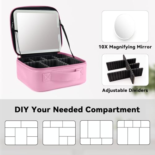 Travel Makeup Bag with LED Mirror and 10x magnifying glass with 3 Lighted Settings
