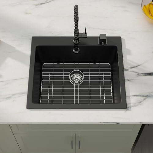 25" Quartz Sink Drop In Wet Bar Sink Black Prep Kitchen Sink Topmount Deep Single Bowl