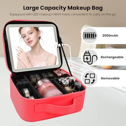 Travel Makeup Bag with LED Mirror and Light Makeup Travel Bag Organizer Portable Cosmetic Brush Organizer Bag with Adjustable Dividers for Cosmetics Makeup Brushes Toiletry